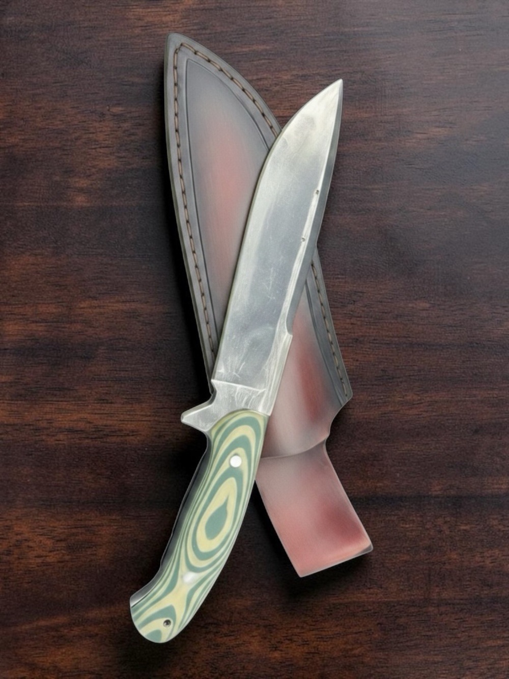 Green Swirl Handle Fixed Blade Knife with Leather Sheath